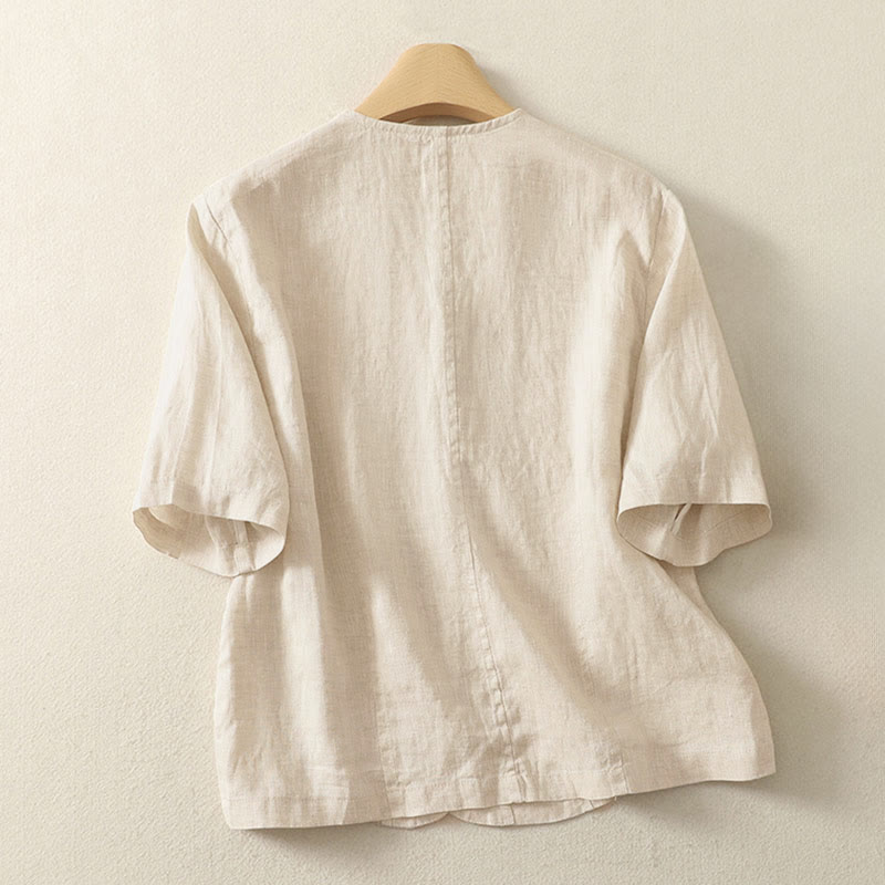 Camicia da donna a maniche corte con scollo a V e bottoni, tinta unita, con motivo Buddha Stones, ideale per l'estate. - image 5