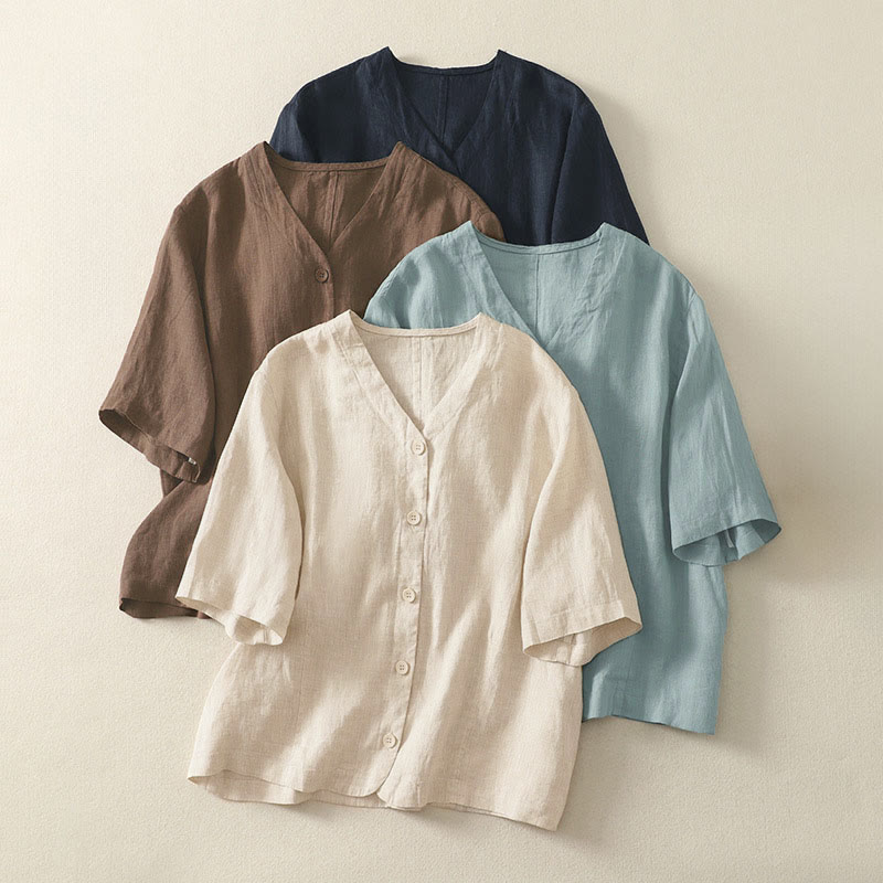 Camicia da donna a maniche corte con scollo a V e bottoni, tinta unita, con motivo Buddha Stones, ideale per l'estate. - image 22