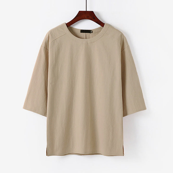 T-shirt da uomo estiva casual con scollo rotondo e maniche a tre quarti in cotone e lino con Buddha Stones. - Biscotto - US/UK/AU54, EU64 (9XL) - image 0