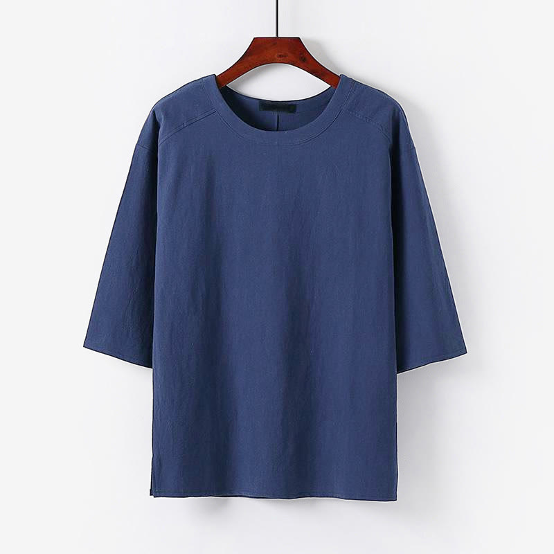 T-shirt da uomo estiva casual con scollo rotondo e maniche a tre quarti in cotone e lino con Buddha Stones. - SteelBlue - US/UK/AU54, EU64 (9XL) - image 8