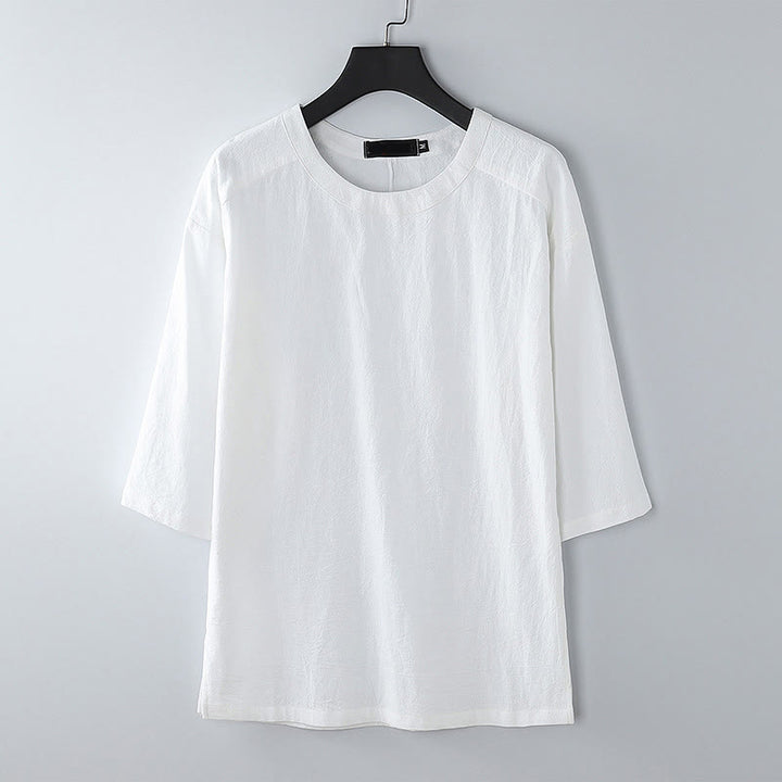 T-shirt da uomo estiva casual con scollo rotondo e maniche a tre quarti in cotone e lino con Buddha Stones. - Bianco - US/UK/AU54, EU64 (9XL) - image 9