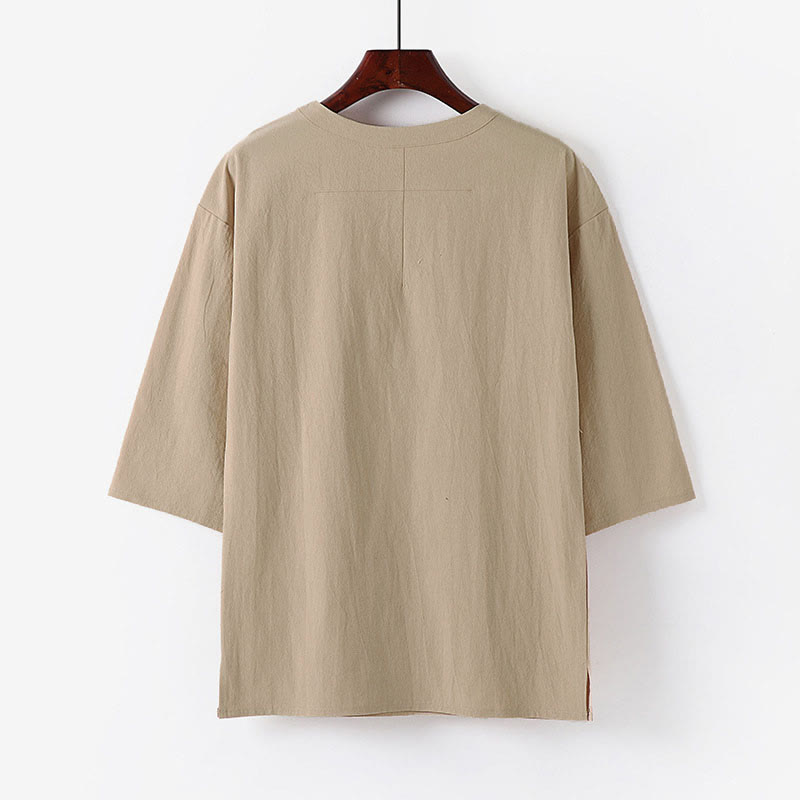 T-shirt da uomo estiva casual con scollo rotondo e maniche a tre quarti in cotone e lino con Buddha Stones. - image 1