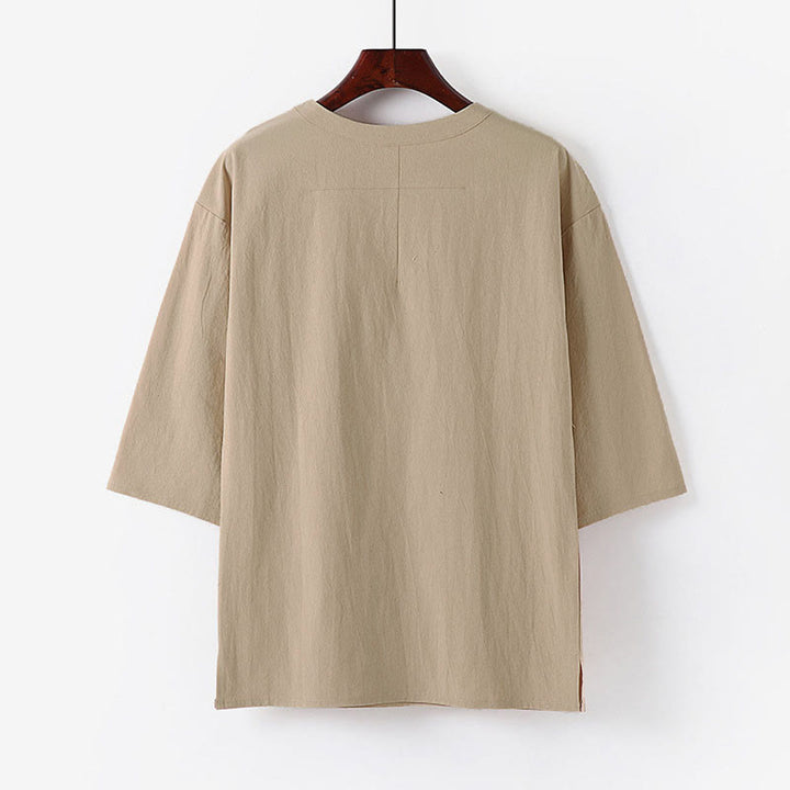 T-shirt da uomo estiva casual con scollo rotondo e maniche a tre quarti in cotone e lino con Buddha Stones. - image 1