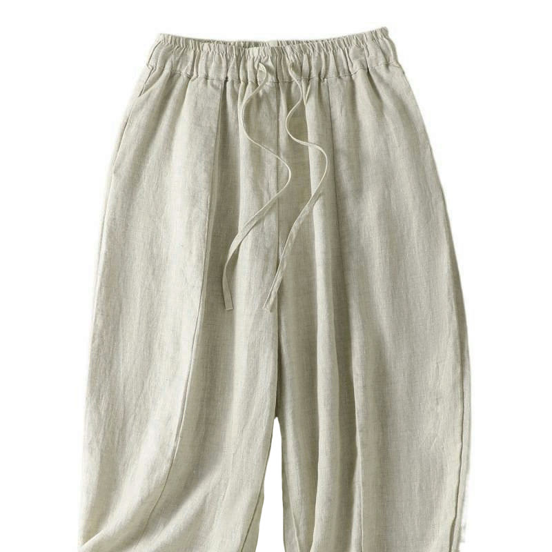 Buddha Stones Pantaloni estivi casual con coulisse in lino tinta unita, pantaloni a gamba larga da donna con tasca - image 8