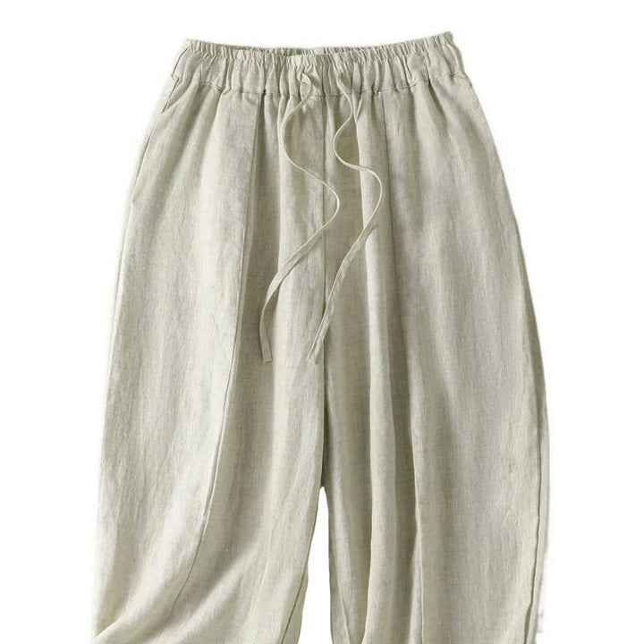 Buddha Stones Pantaloni estivi casual con coulisse in lino tinta unita, pantaloni a gamba larga da donna con tasca - image 8