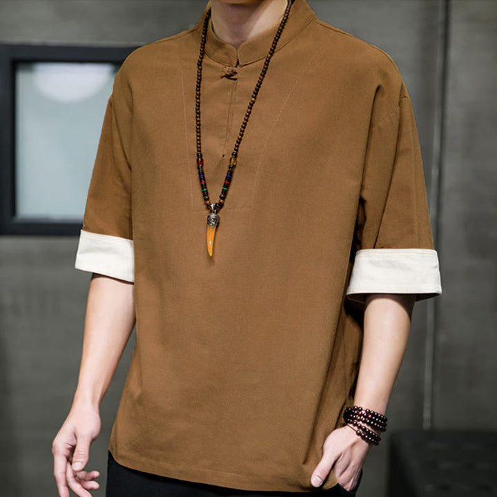 Buddha Stones Camicia da uomo a maniche corte, tinta unita, stile Tang estivo, con colletto alla coreana. - image 12