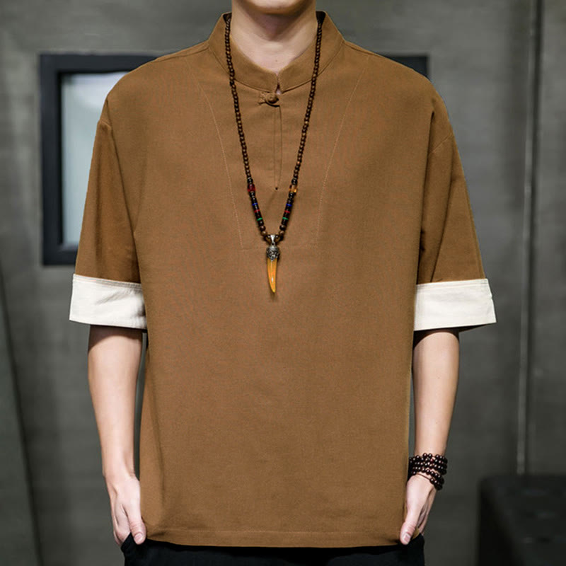 Buddha Stones Camicia da uomo a maniche corte, tinta unita, stile Tang estivo, con colletto alla coreana. - Perù - US/UK/AU46, EU56 (5XL) - image 10