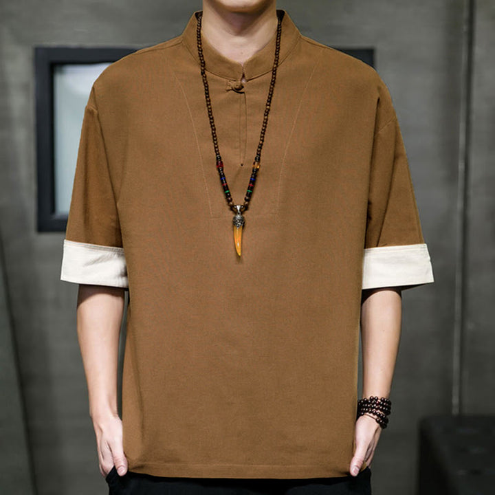 Buddha Stones Camicia da uomo a maniche corte, tinta unita, stile Tang estivo, con colletto alla coreana. - Perù - US/UK/AU46, EU56 (5XL) - image 10