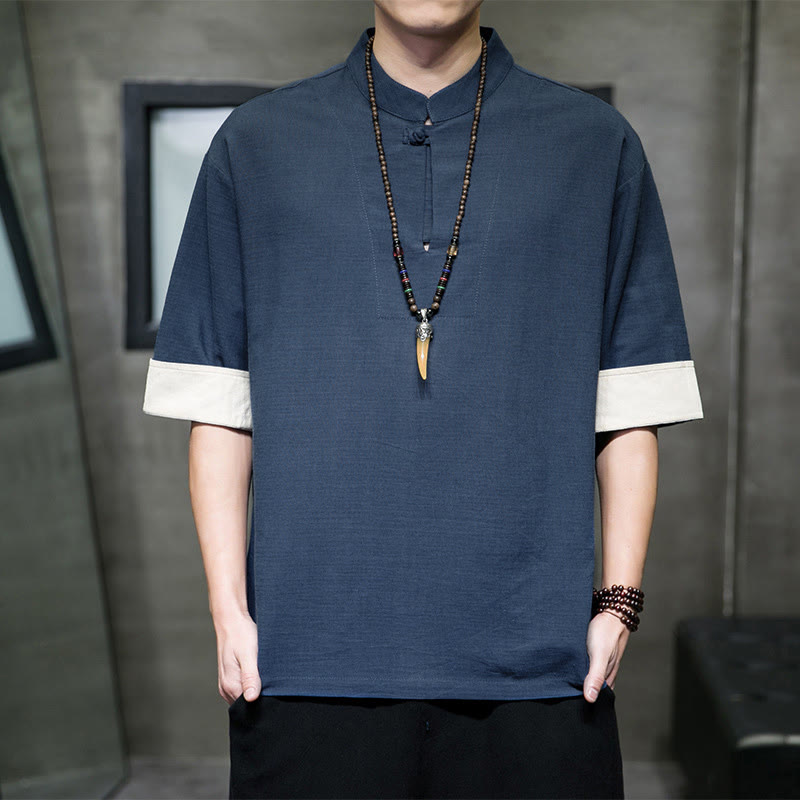 Buddha Stones Camicia da uomo a maniche corte, tinta unita, stile Tang estivo, con colletto alla coreana. - SteelBlue - US/UK/AU46, EU56 (5XL) - image 0