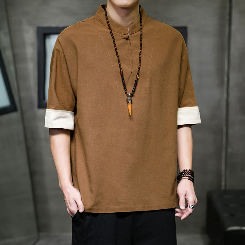 Buddha Stones Camicia da uomo a maniche corte, tinta unita, stile Tang estivo, con colletto alla coreana. - image 11