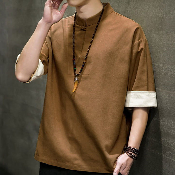 Buddha Stones Camicia da uomo a maniche corte, tinta unita, stile Tang estivo, con colletto alla coreana. - image 13