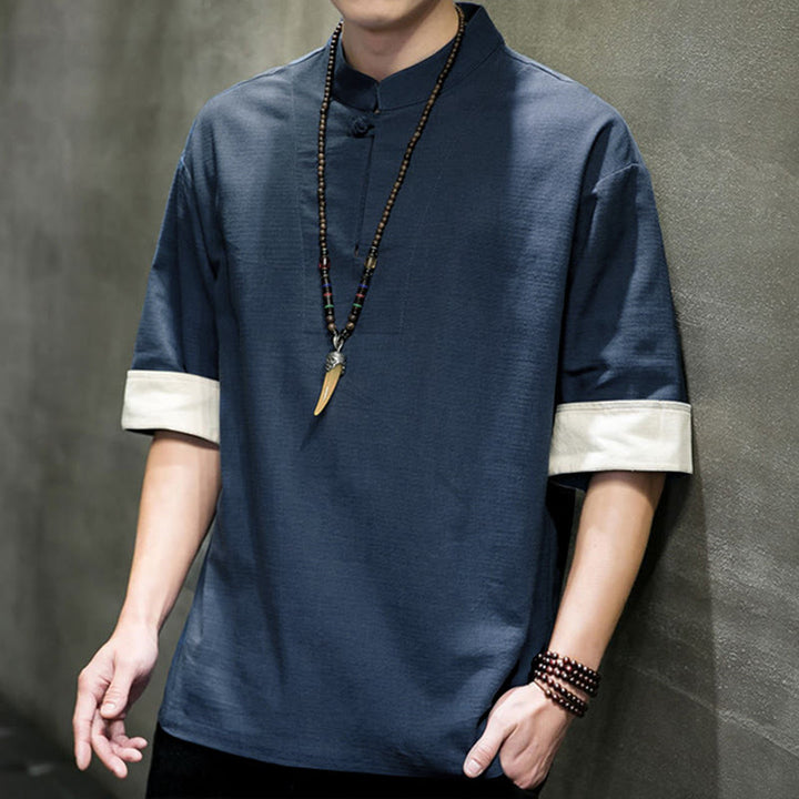 Buddha Stones Camicia da uomo a maniche corte, tinta unita, stile Tang estivo, con colletto alla coreana. - image 7