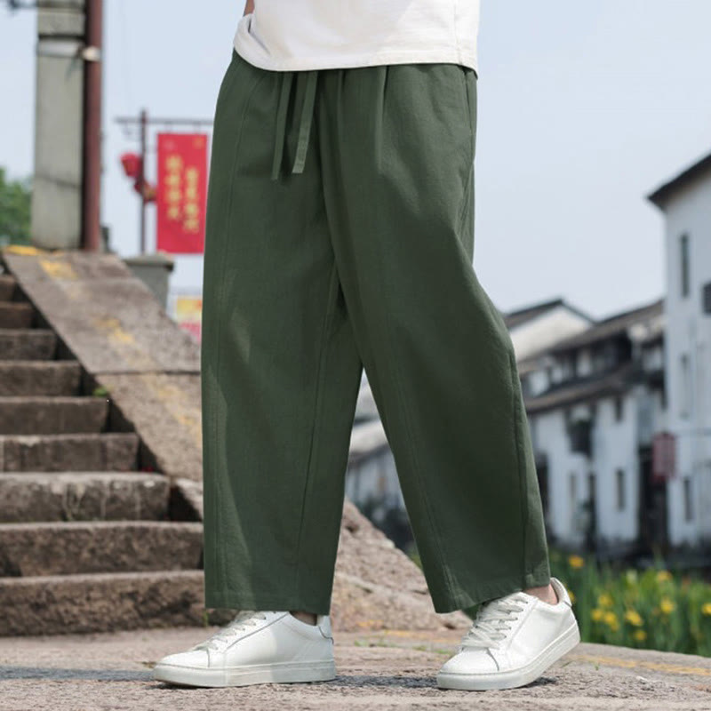 Buddha Stones Pantaloni lunghi estivi casual minimalisti con coulisse in cotone tinta unita da uomo, modello harem con tasca - image 30