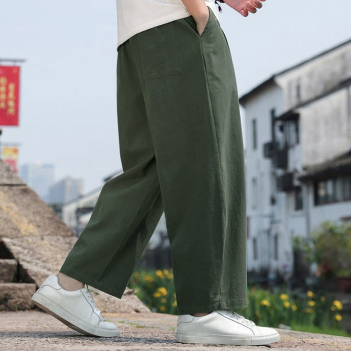 Buddha Stones Pantaloni lunghi estivi casual minimalisti con coulisse in cotone tinta unita da uomo, modello harem con tasca - image 23