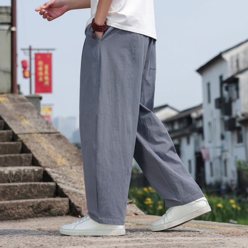 Buddha Stones Pantaloni lunghi estivi casual minimalisti con coulisse in cotone tinta unita da uomo, modello harem con tasca - image 5
