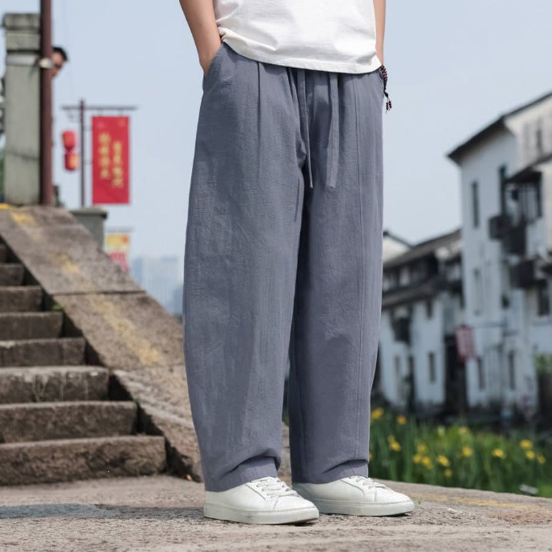Buddha Stones Pantaloni lunghi estivi casual minimalisti con coulisse in cotone tinta unita da uomo, modello harem con tasca - image 1