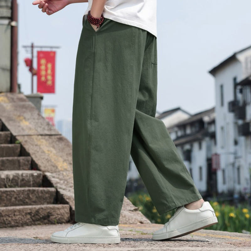 Buddha Stones Pantaloni lunghi estivi casual minimalisti con coulisse in cotone tinta unita da uomo, modello harem con tasca - image 24