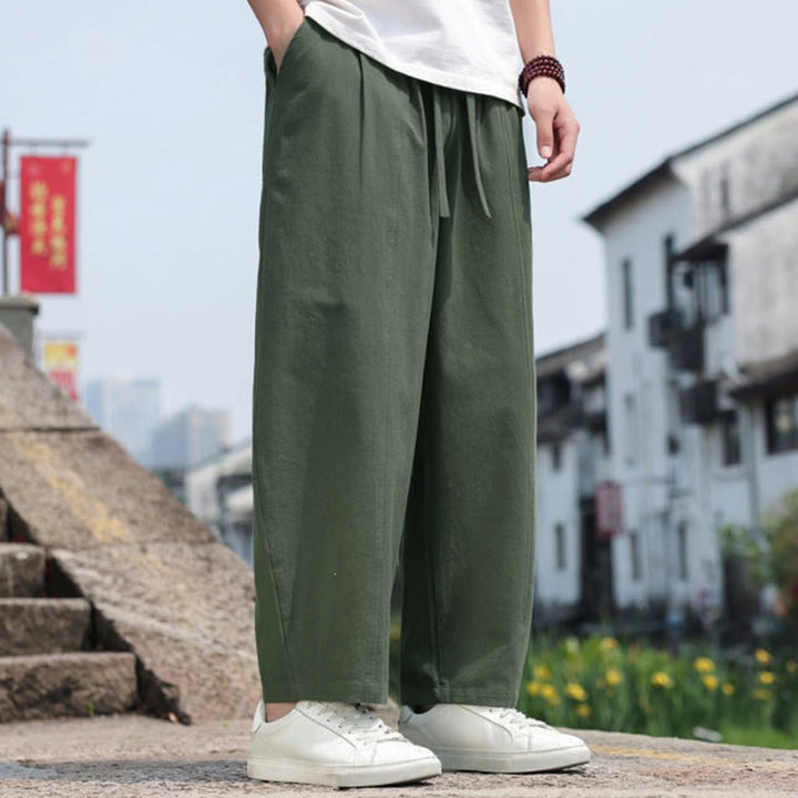 Buddha Stones Pantaloni lunghi estivi casual minimalisti con coulisse in cotone tinta unita da uomo, modello harem con tasca - image 28