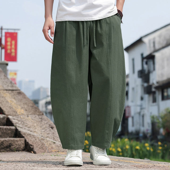 Buddha Stones Pantaloni lunghi estivi casual minimalisti con coulisse in cotone tinta unita da uomo, modello harem con tasca - Verde oliva - US/UK/AU46, EU56 (5XL) - image 21