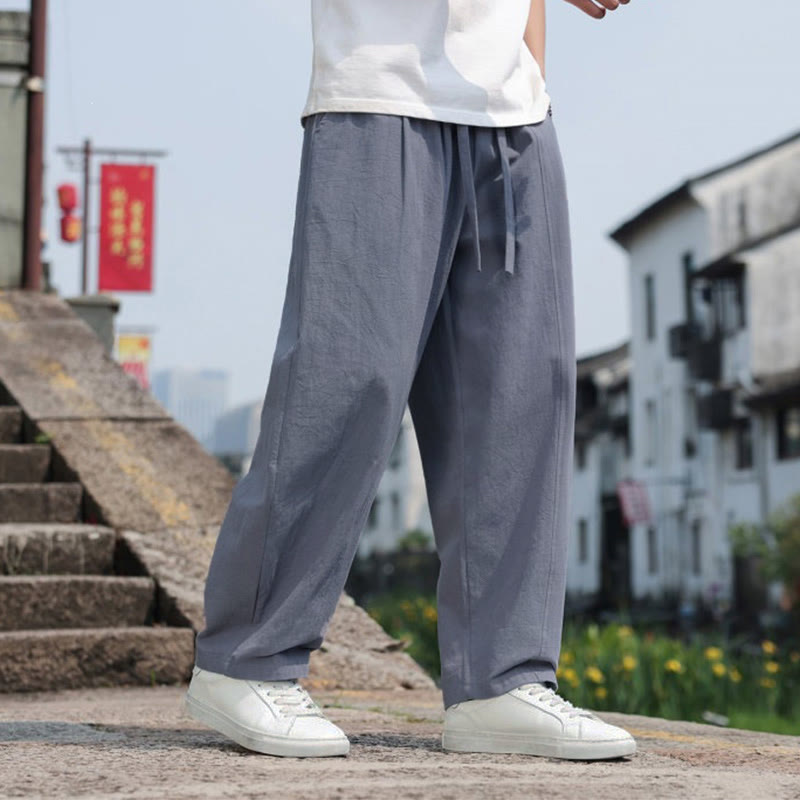 Buddha Stones Pantaloni lunghi estivi casual minimalisti con coulisse in cotone tinta unita da uomo, modello harem con tasca - image 4