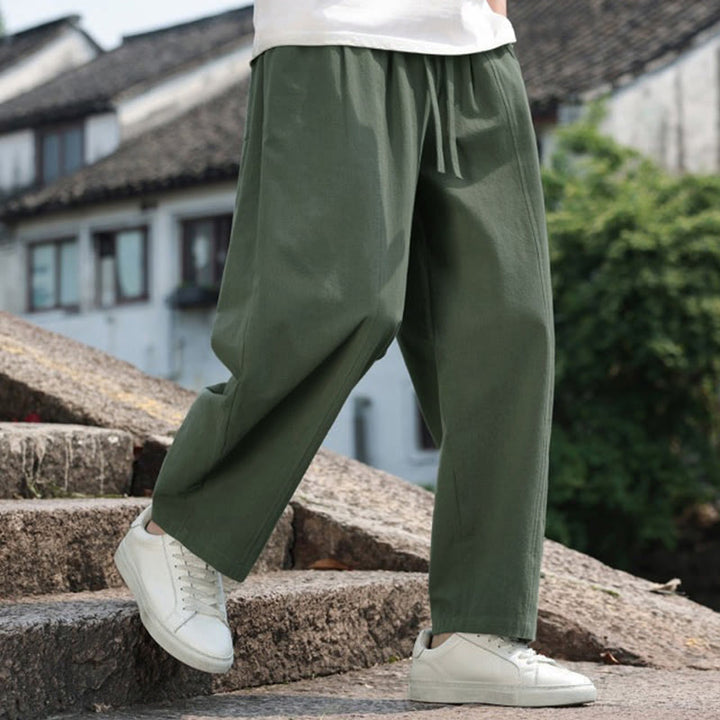 Buddha Stones Pantaloni lunghi estivi casual minimalisti con coulisse in cotone tinta unita da uomo, modello harem con tasca - image 29
