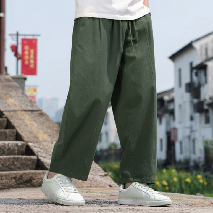 Buddha Stones Pantaloni lunghi estivi casual minimalisti con coulisse in cotone tinta unita da uomo, modello harem con tasca - image 22