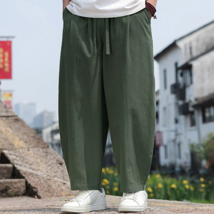 Buddha Stones Pantaloni lunghi estivi casual minimalisti con coulisse in cotone tinta unita da uomo, modello harem con tasca - image 27