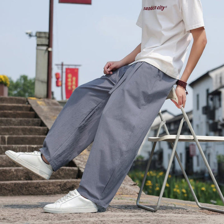 Buddha Stones Pantaloni lunghi estivi casual minimalisti con coulisse in cotone tinta unita da uomo, modello harem con tasca - image 8