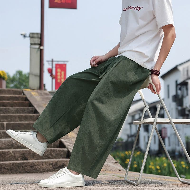 Buddha Stones Pantaloni lunghi estivi casual minimalisti con coulisse in cotone tinta unita da uomo, modello harem con tasca - image 31