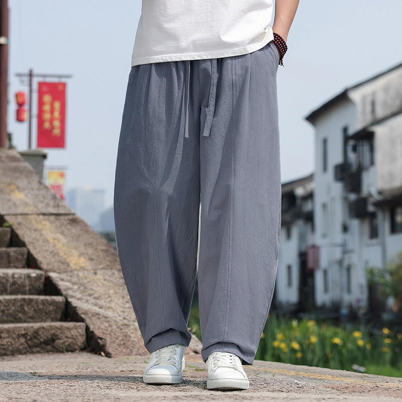 Buddha Stones Pantaloni lunghi estivi casual minimalisti con coulisse in cotone tinta unita da uomo, modello harem con tasca - Grigio scuro - US/UK/AU46, EU56 (5XL) - image 0