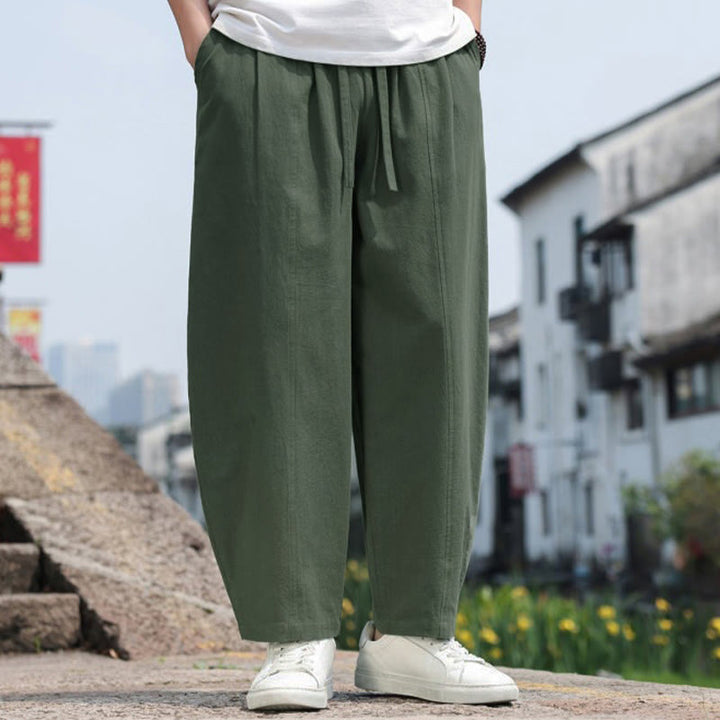 Buddha Stones Pantaloni lunghi estivi casual minimalisti con coulisse in cotone tinta unita da uomo, modello harem con tasca - image 25