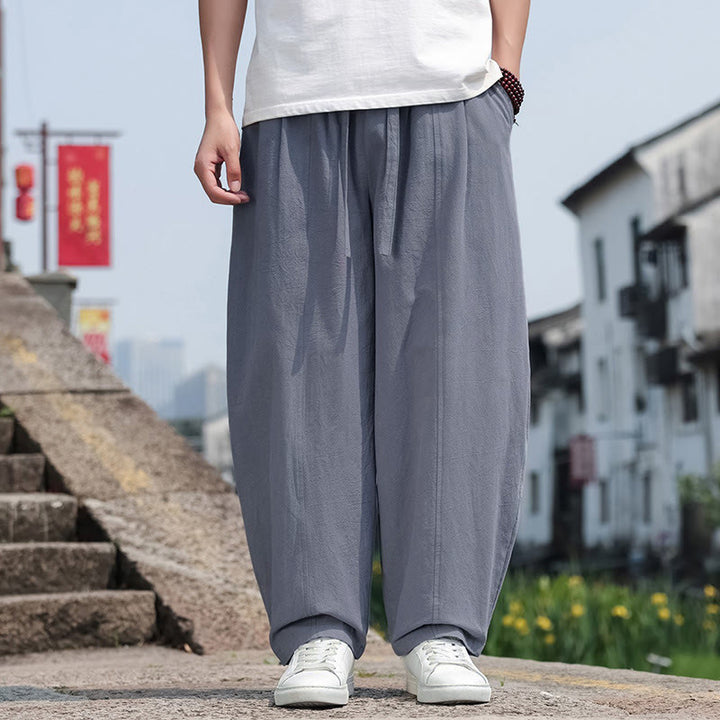 Buddha Stones Pantaloni lunghi estivi casual minimalisti con coulisse in cotone tinta unita da uomo, modello harem con tasca - image 3