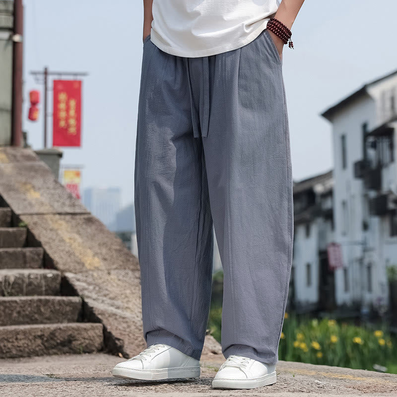 Buddha Stones Pantaloni lunghi estivi casual minimalisti con coulisse in cotone tinta unita da uomo, modello harem con tasca - image 2