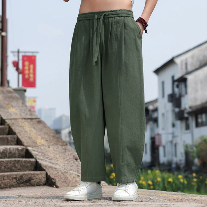 Buddha Stones Pantaloni lunghi estivi casual minimalisti con coulisse in cotone tinta unita da uomo, modello harem con tasca - image 26