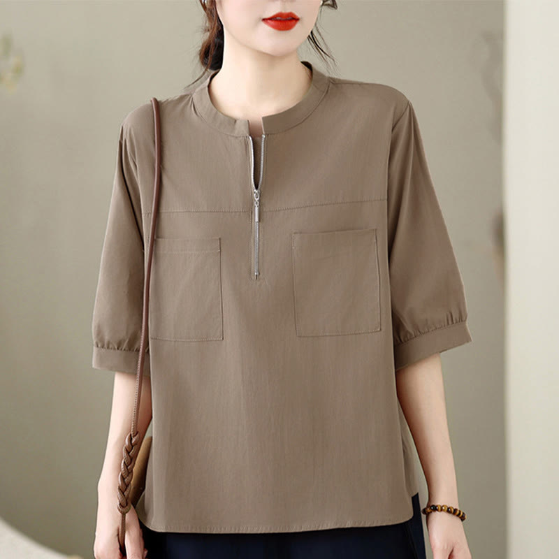 Buddha Stones Camicia da donna estiva minimalista e casual a maniche corte con cerniera a un quarto e tasca applicata, in tinta unita. - Tan - US12, UK/AU16, EU44 (2XL) - image 0