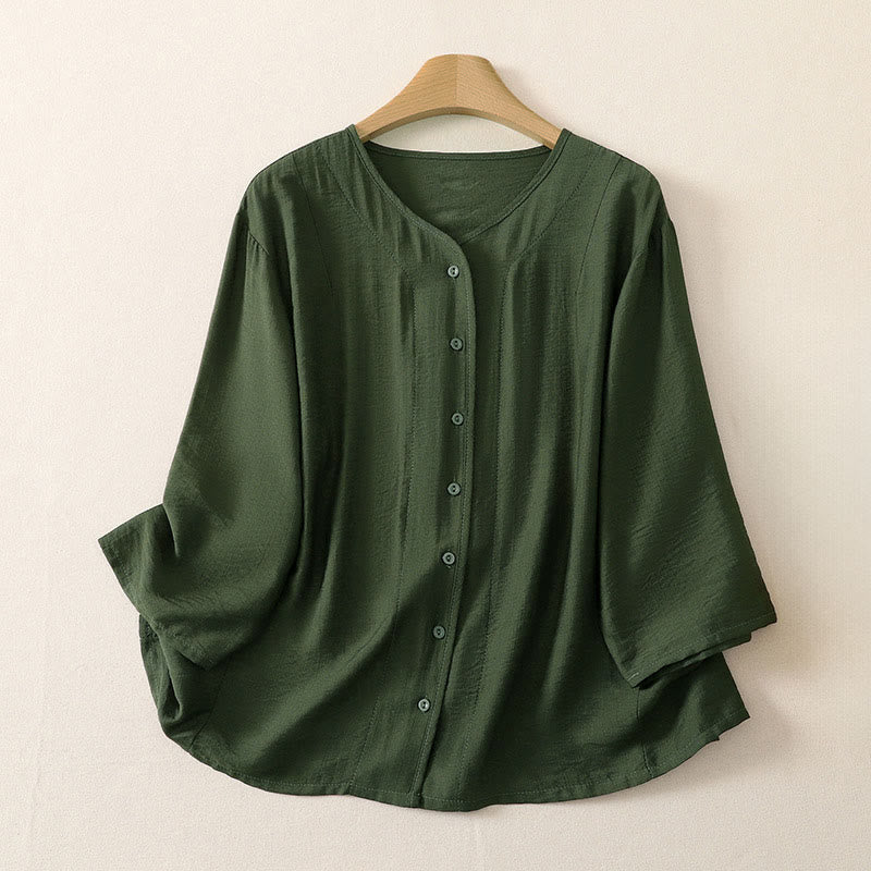 Buddha Stones Camicia da donna estiva casual minimalista a maniche lunghe con bottoni. - Verde oliva scuro - US12, UK/AU16, EU44 (3XL) - image 13