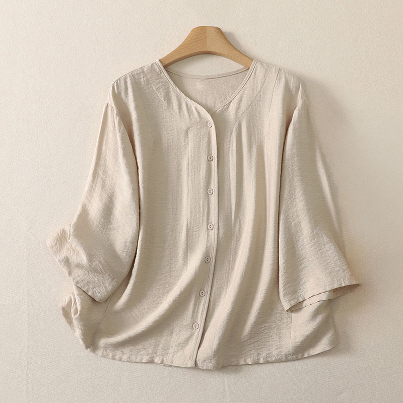 Buddha Stones Camicia da donna estiva casual minimalista a maniche lunghe con bottoni. - Bianco antico - US12, UK/AU16, EU44 (3XL) - image 9