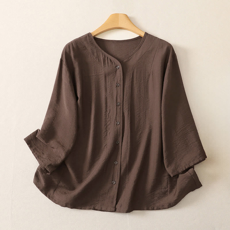 Buddha Stones Camicia da donna estiva casual minimalista a maniche lunghe con bottoni. - Marrone sella - US12, UK/AU16, EU44 (3XL) - image 17