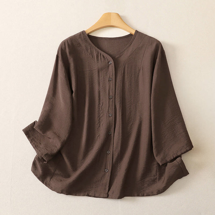 Buddha Stones Camicia da donna estiva casual minimalista a maniche lunghe con bottoni. - Marrone sella - US12, UK/AU16, EU44 (3XL) - image 17