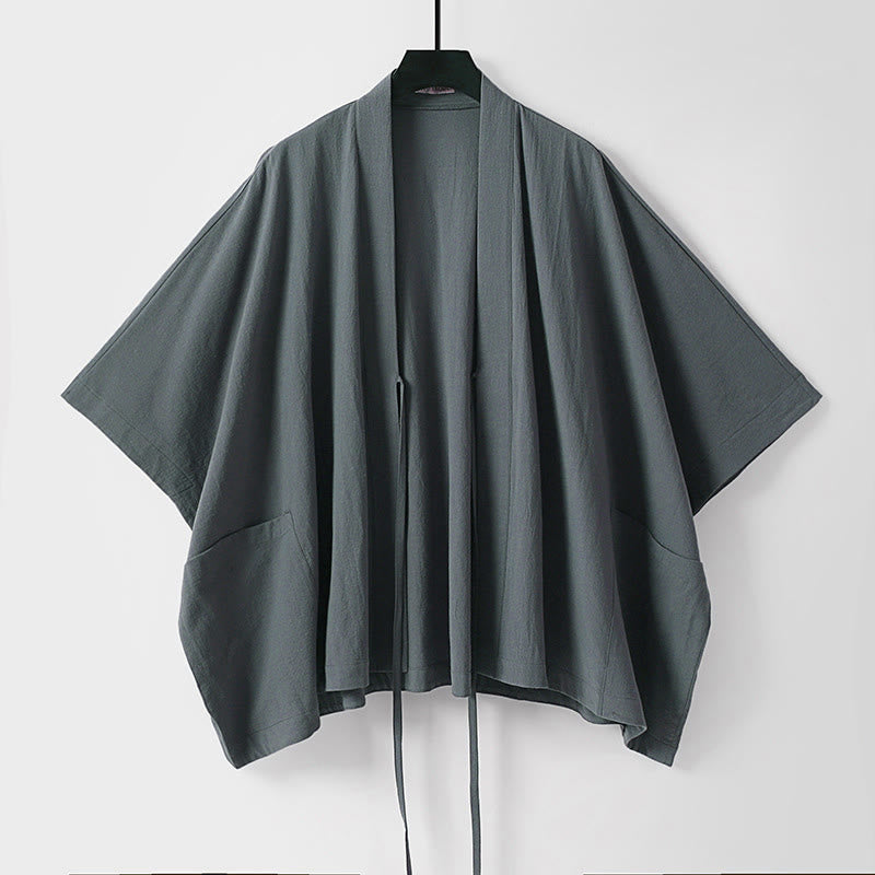 Buddha Stones Kimono da uomo estivo minimalista a maniche corte, tinta unita, con coulisse e lacci, con tasche. - image 1