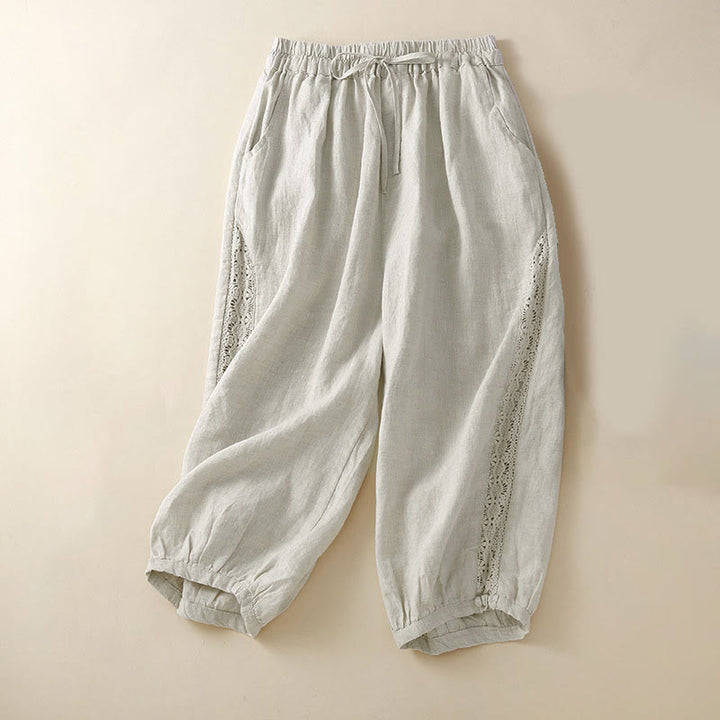 Pantaloni harem larghi con coulisse e tasche, tinta unita, con motivo floreale Buddha Stones. - Beige - US8-10, UK/AU12-14, EU40-42 (2XL) - image 0