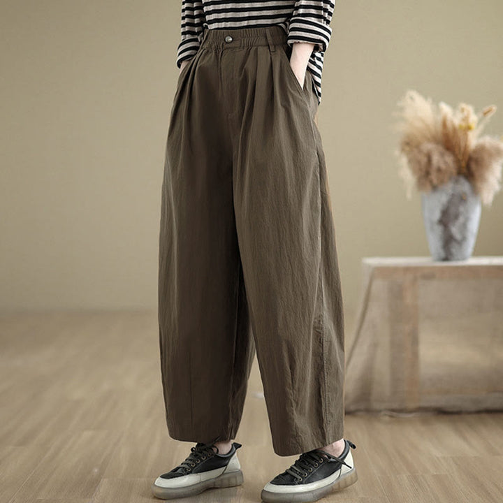 Pantaloni da donna casual a tinta unita con un bottone e elastico in vita, con motivo Buddha Stones tasche. - image 4