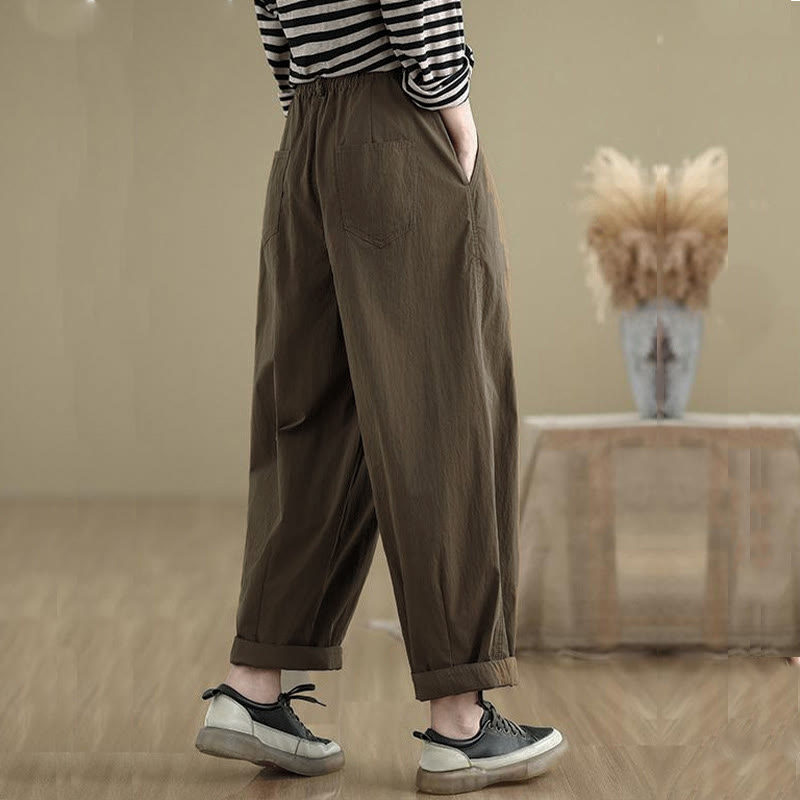 Pantaloni da donna casual a tinta unita con un bottone e elastico in vita, con motivo Buddha Stones tasche. - image 3