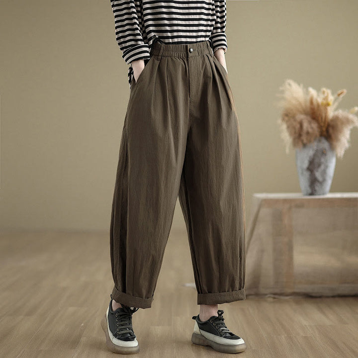 Pantaloni da donna casual a tinta unita con un bottone e elastico in vita, con motivo Buddha Stones tasche. - Marrone sella - US8-10, UK/AU12-14, EU40-42 (2XL) - image 0