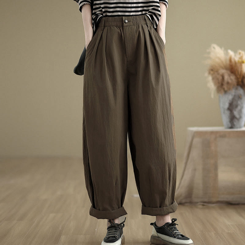 Pantaloni da donna casual a tinta unita con un bottone e elastico in vita, con motivo Buddha Stones tasche. - image 1