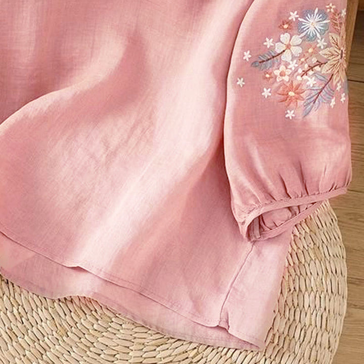 T-shirt da donna a girocollo con maniche a tre quarti e ricamo di fiori e foglie, con motivo Buddha Stones. - image 15
