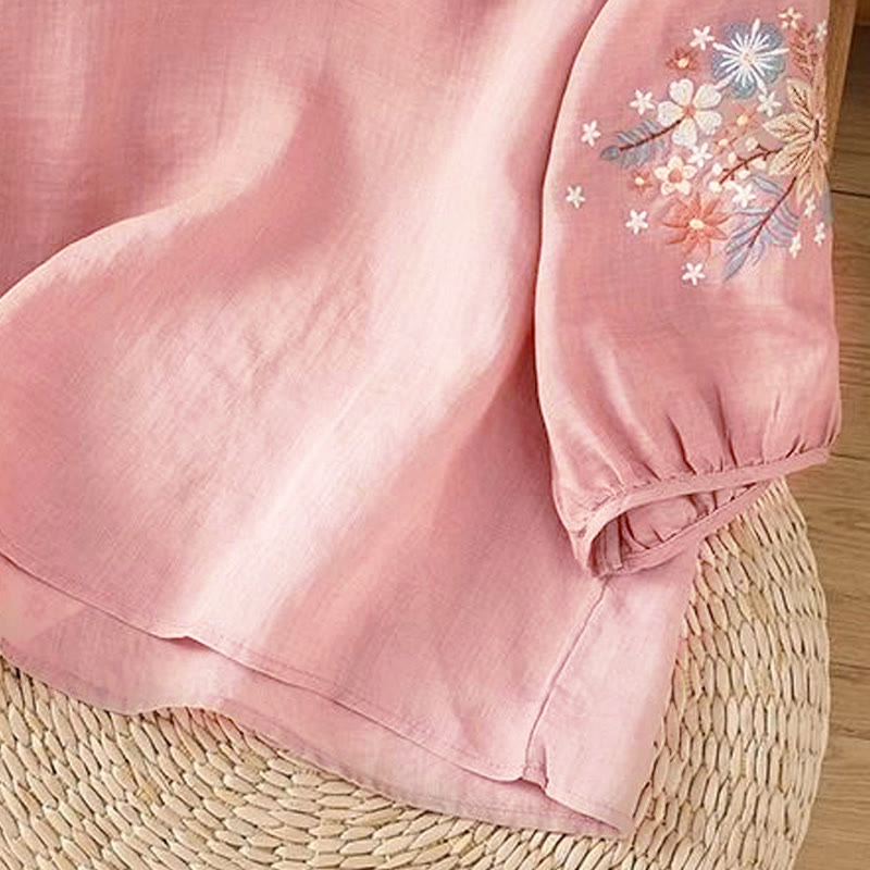 T-shirt da donna a girocollo con maniche a tre quarti e ricamo di fiori e foglie, con motivo Buddha Stones. - image 15
