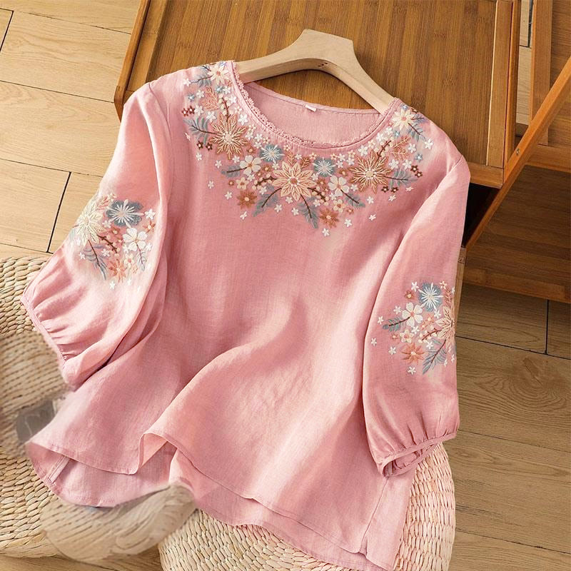 T-shirt da donna a girocollo con maniche a tre quarti e ricamo di fiori e foglie, con motivo Buddha Stones. - Rosa chiaro - US12, UK/AU16, EU44 (3XL) - image 11