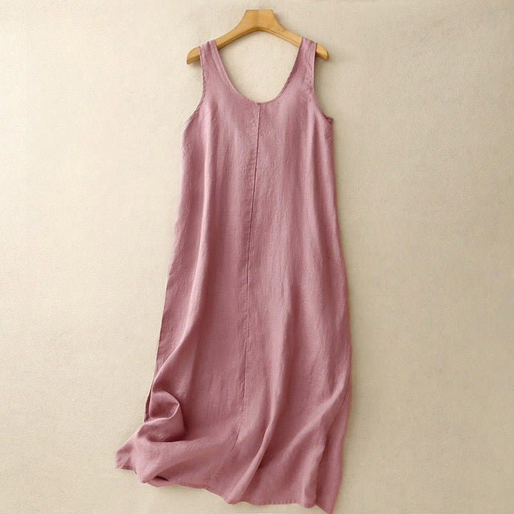 Abito midi senza maniche con scollo rotondo, tinta unita e tasche, perfetto per l'estate e il tempo libero, con stampa Buddha Stones. - Rosso viola pallido - US12, UK/AU16, EU44 (2XL) - image 0