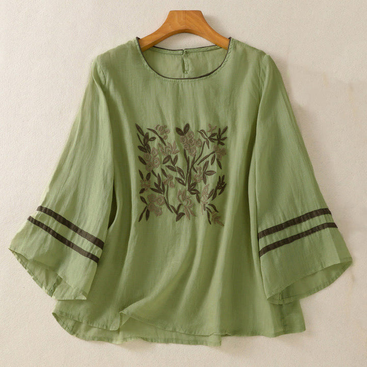 T-shirt da donna a maniche a tre quarti con ricamo floreale retrò Buddha Stones. - Verde chiaro - US8-10, UK/AU12-14, EU40-42 (2XL) - image 16